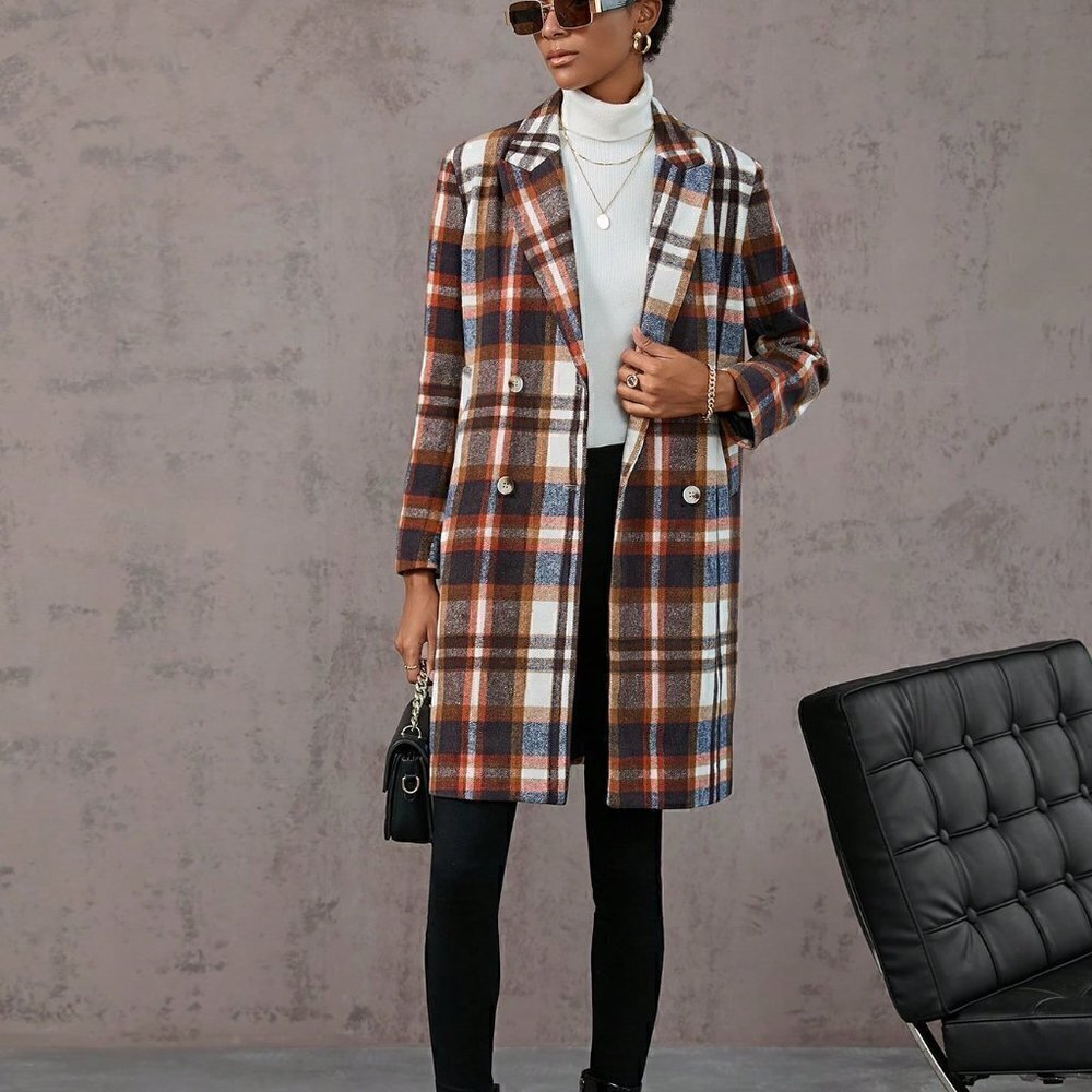 Rust Brown Casual Womens Plaid Double Breasted Overcoat - Picture 4 of 5